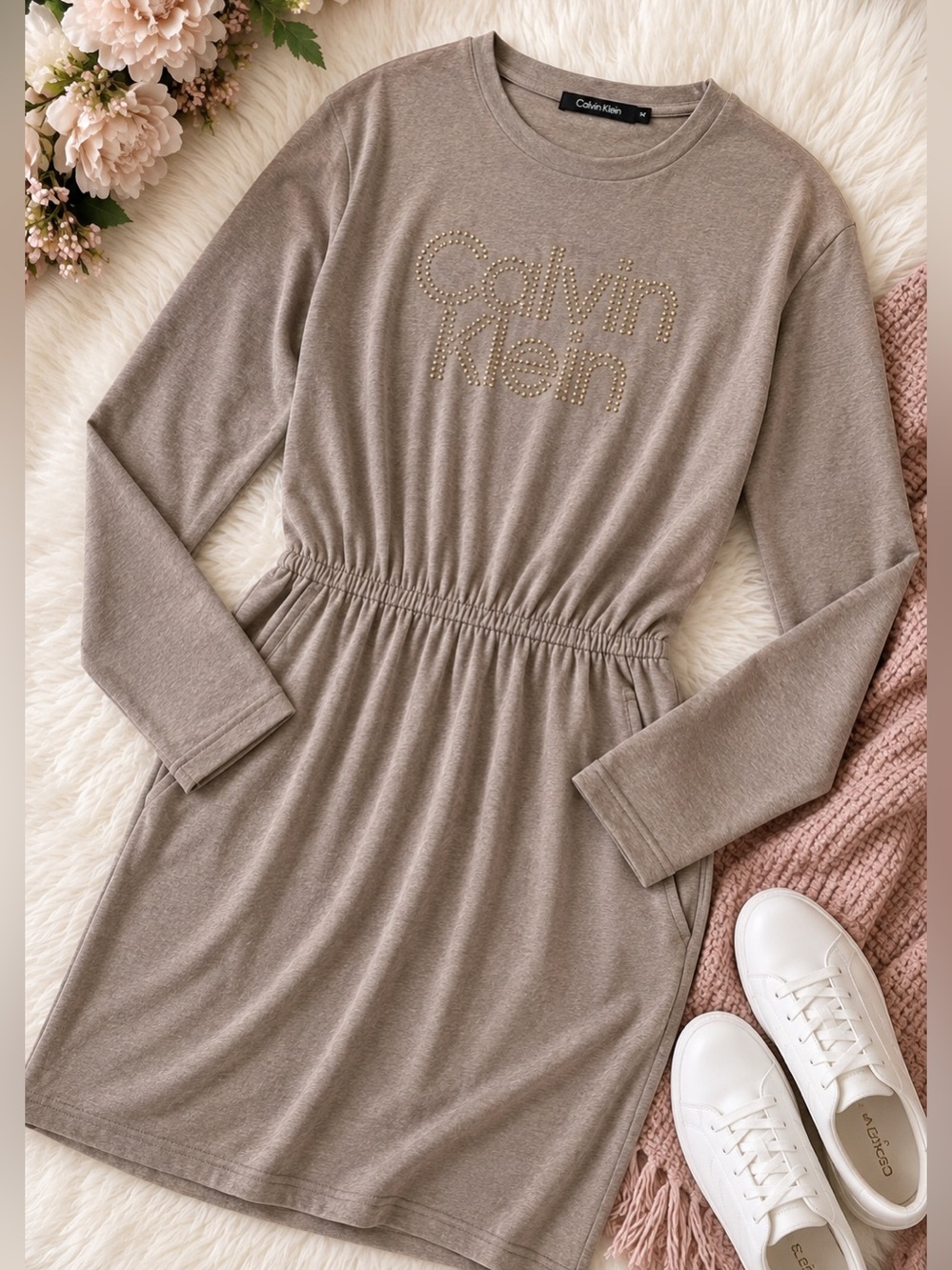 Calvin Klein NWT Gold Studded Logo Long Sleeve Lounge Dress Pockets Medium